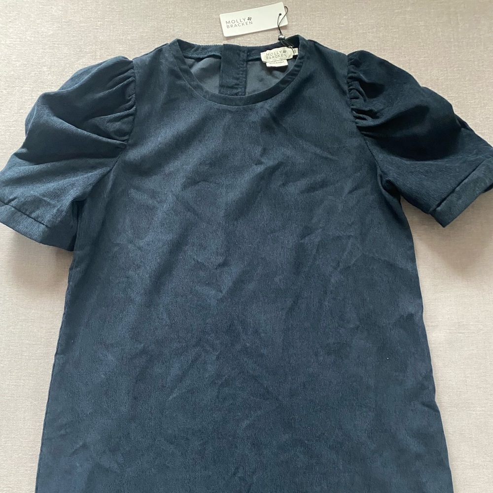 Molly Bracken NWT navy corduroy puff sleeve boho casual dress size S - Picture 3 of 12